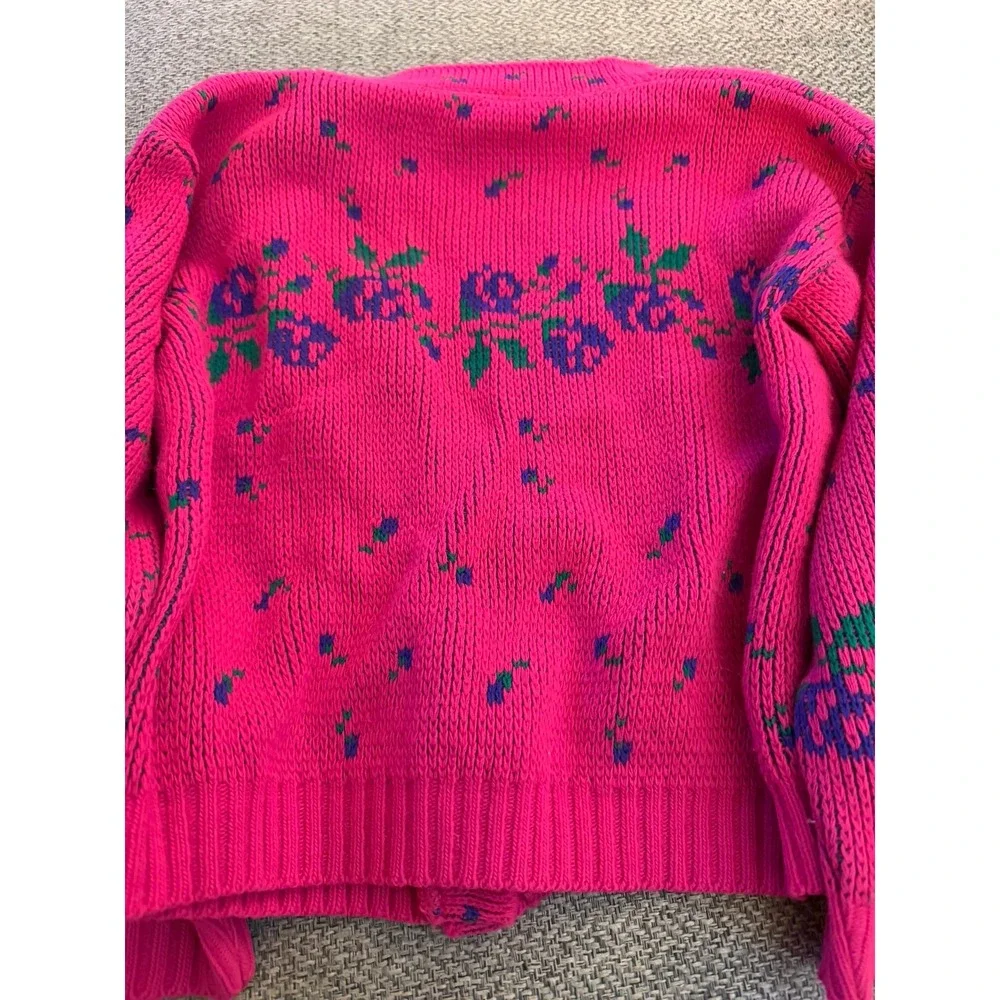 Vintage Kids 70's Pink Floral Rose‎ Knit Cardigan V-Neck Button Front Sweater